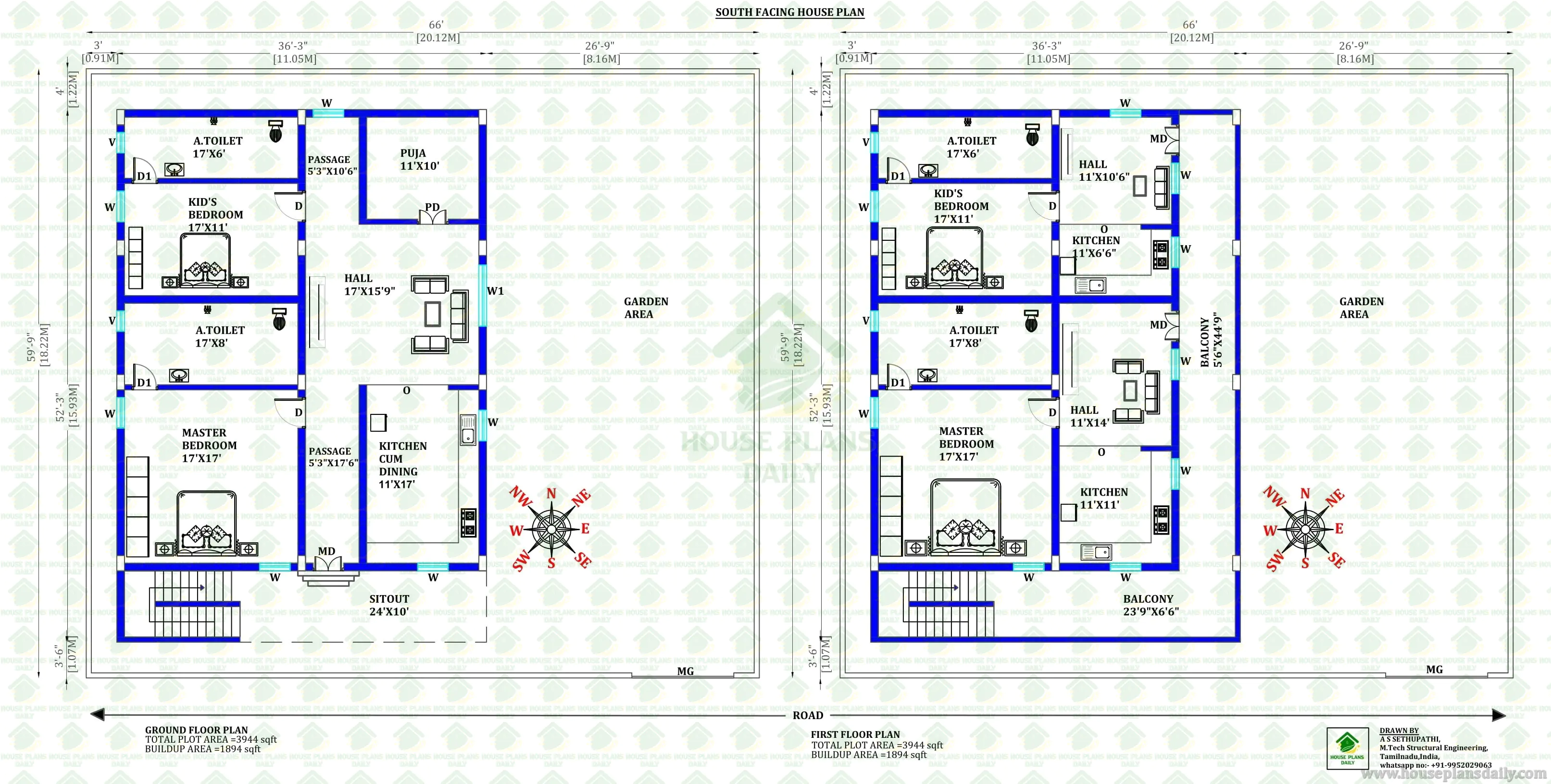 South Facing House Plan | Ground Floor & First Floor Independent Layout ...