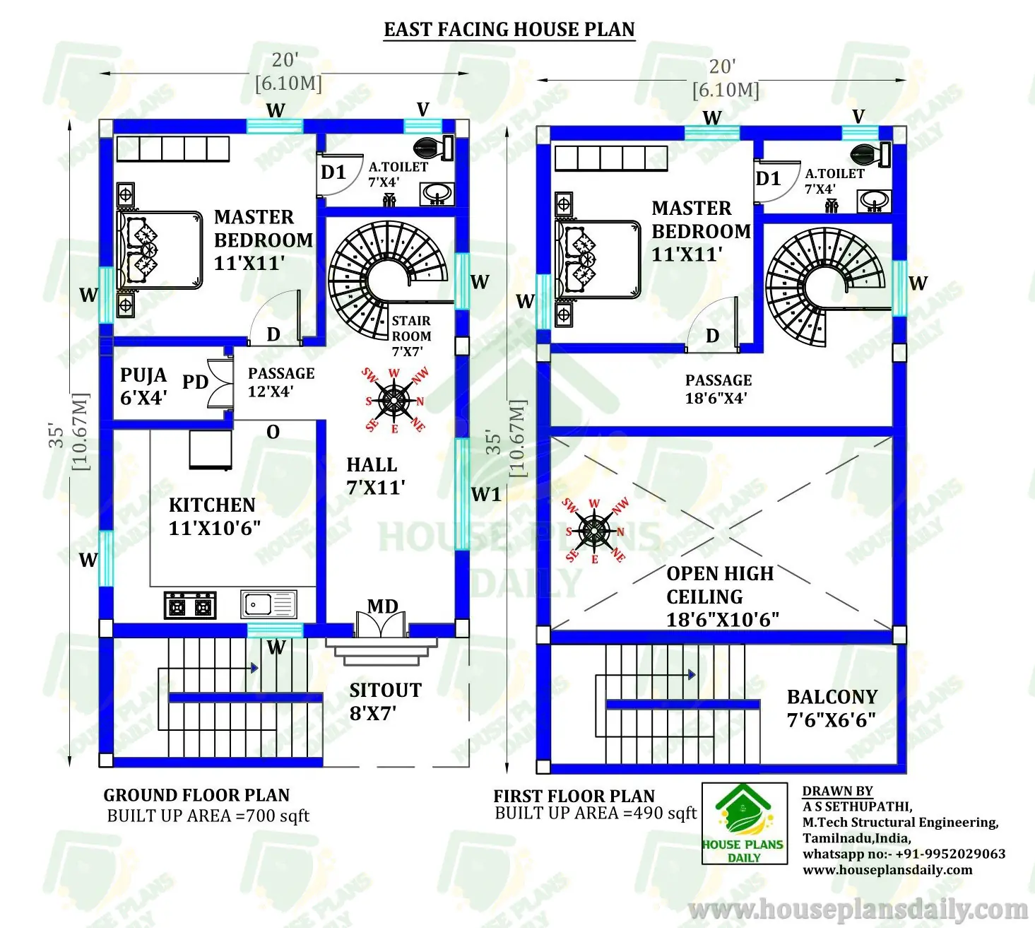 East Facing Duplex House Vastu Plan | 20x35 Ghar Ka Naksha