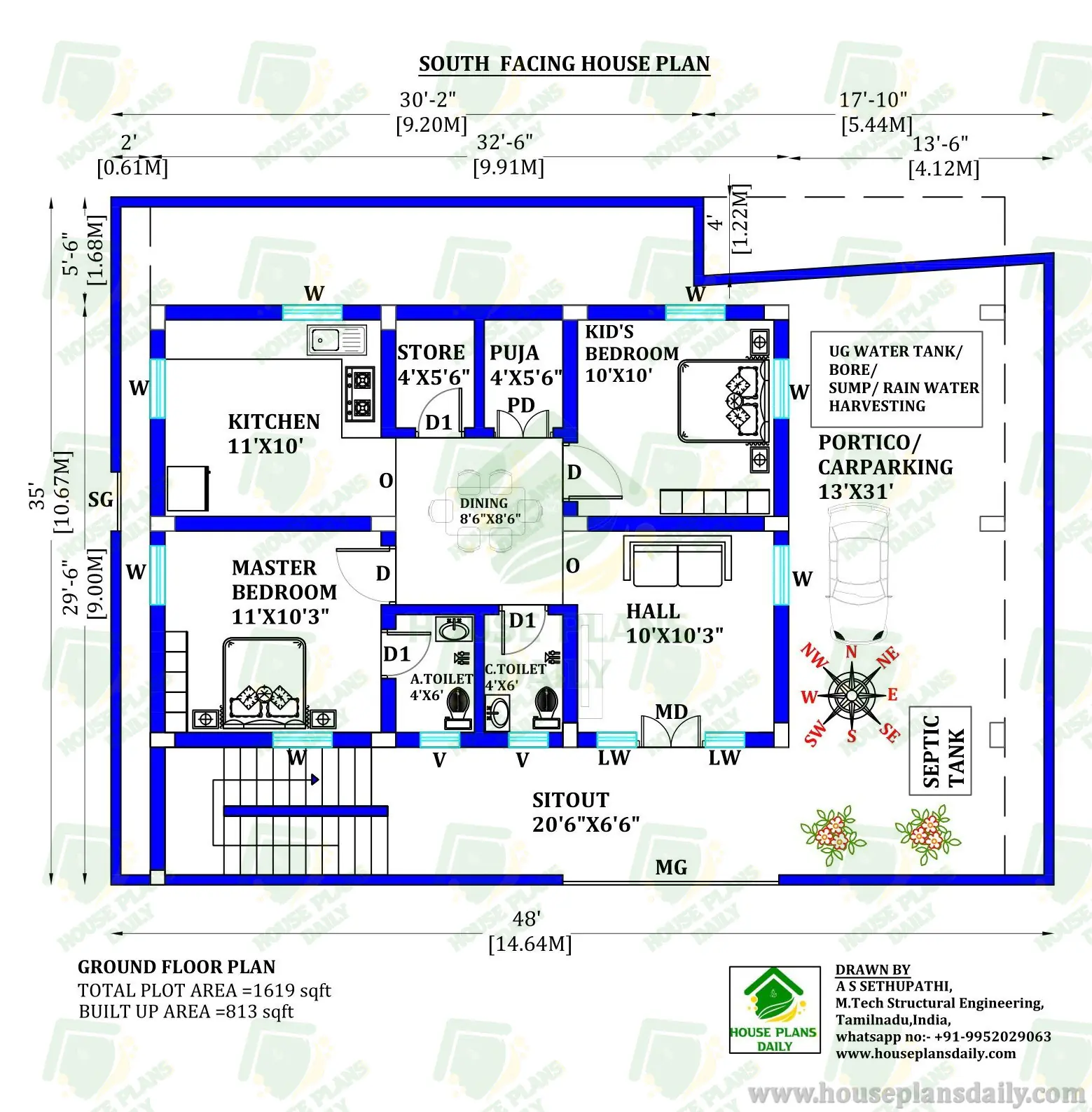 Home Design for 1600 Square Feet with Car Parking | South Facing House Vastu