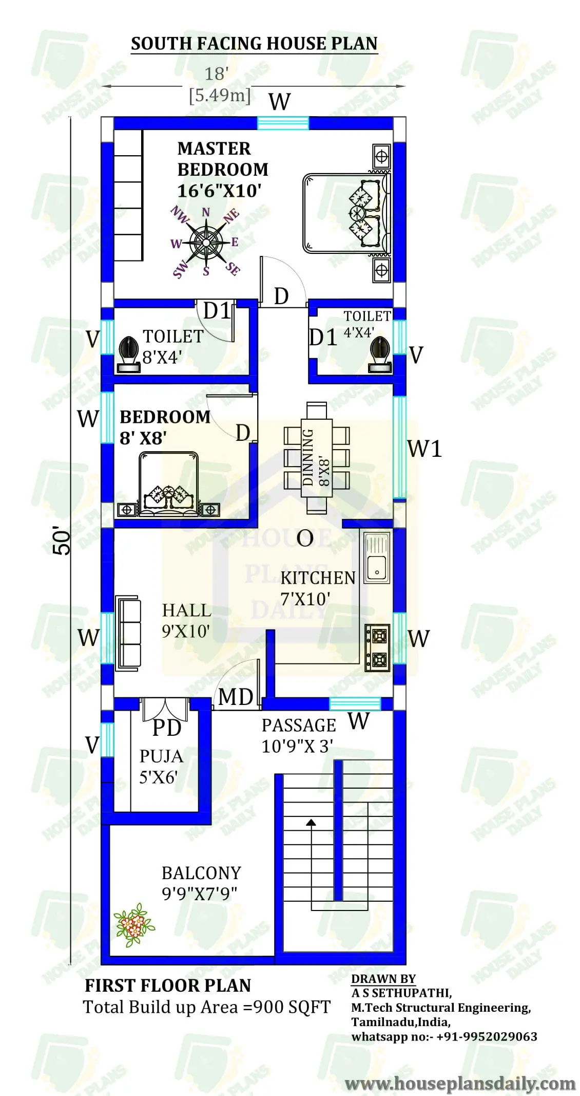 18x50 south facing house plan with pooja room