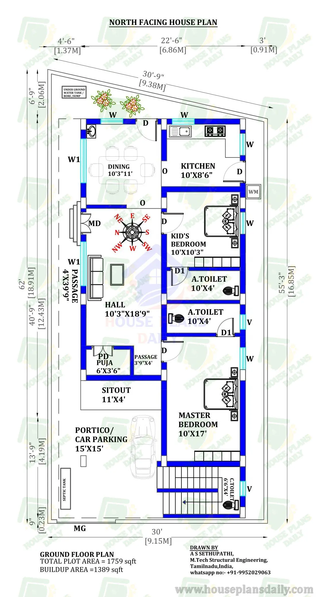 House Plans with Vastu North Facing | 30x62 House with Design