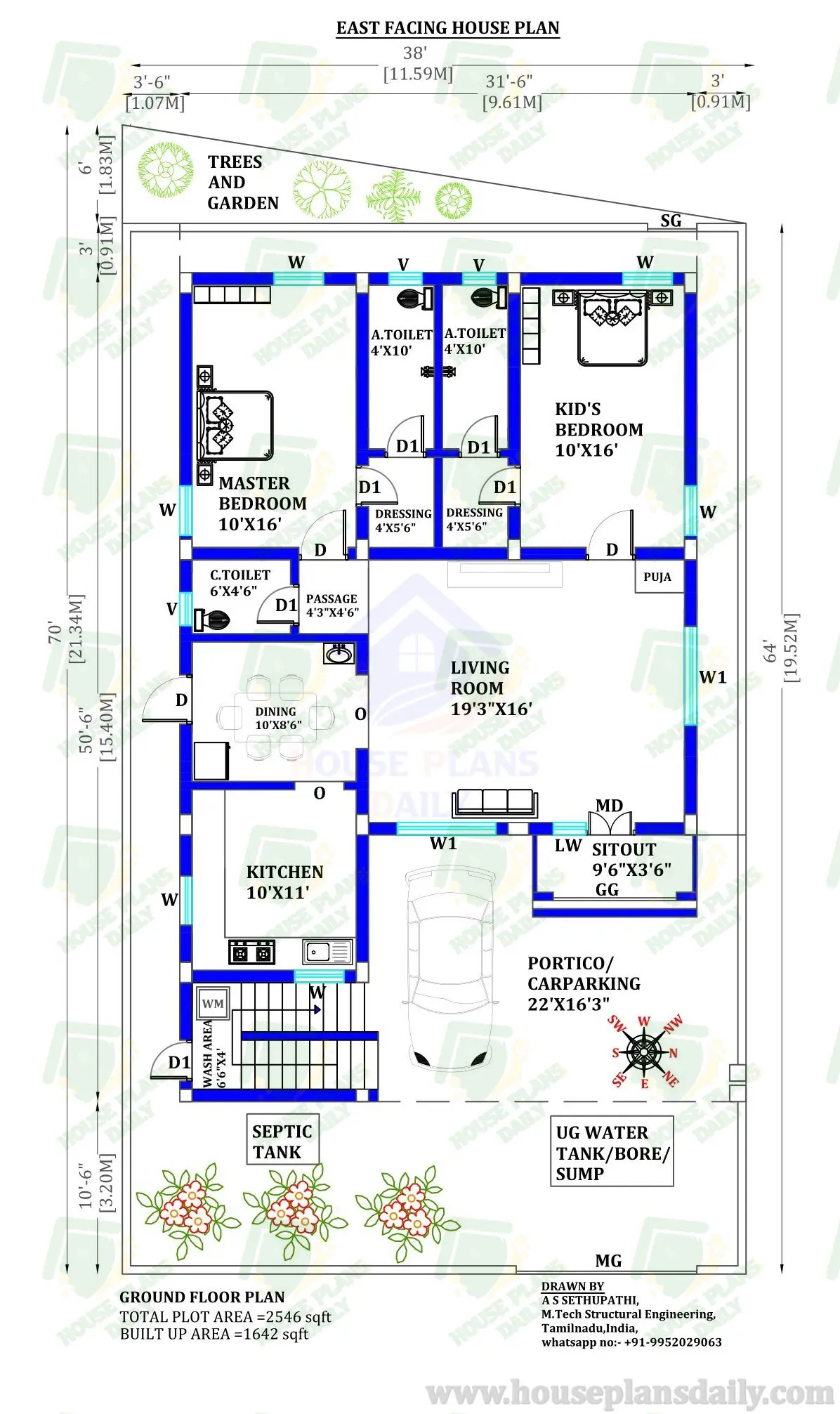 38x70 House Plan with Car Parking | East and North Facing House Plans Design