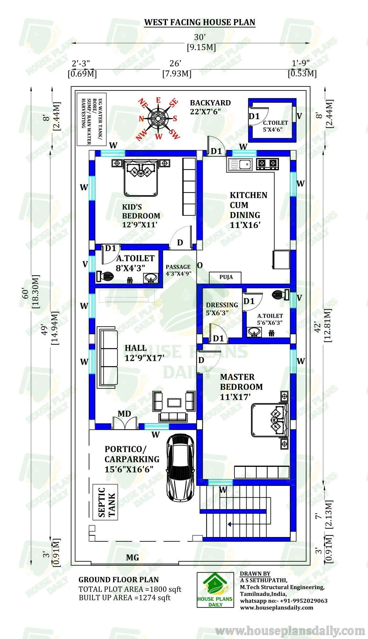 30x60 House Plan | 2bhk West Facing House Plan | House Plan with Car Parking