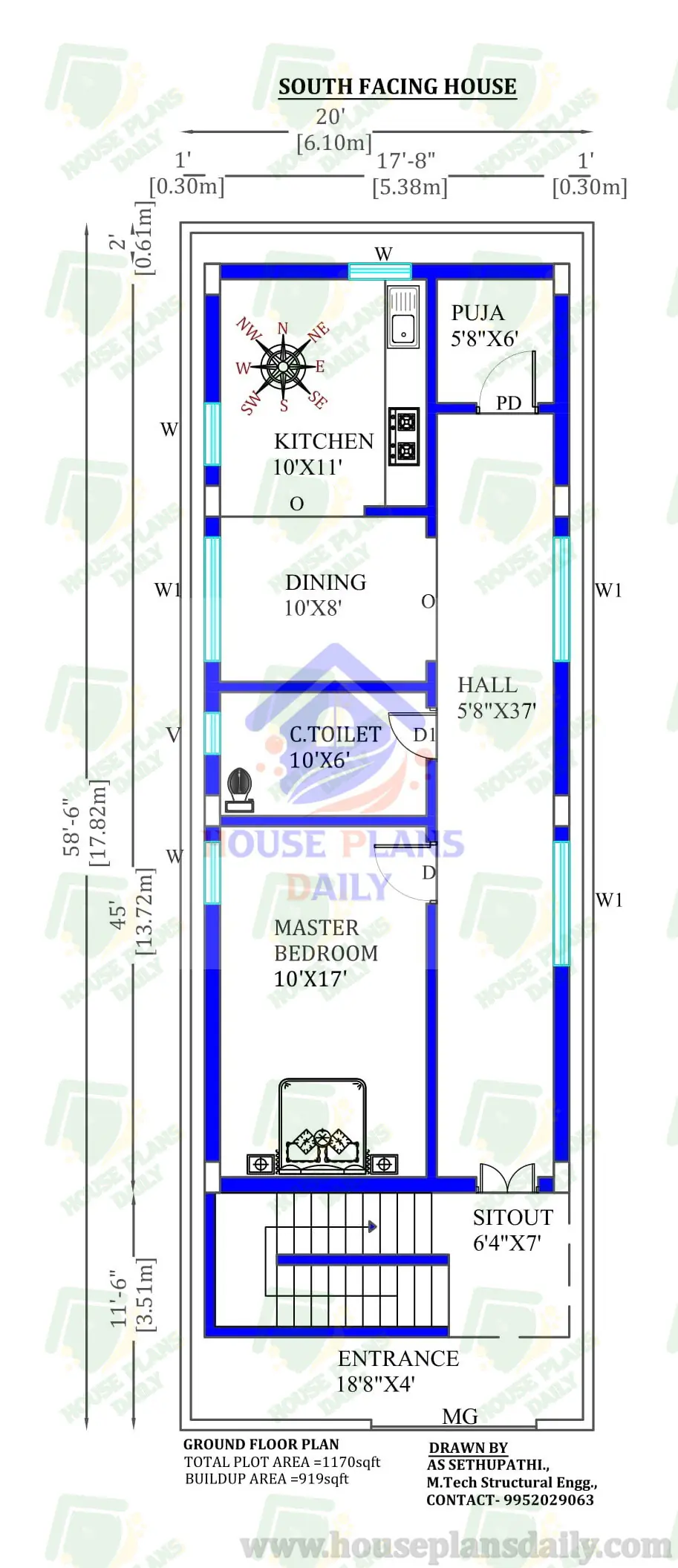 20x58 South Facing House Design As Per Vastu