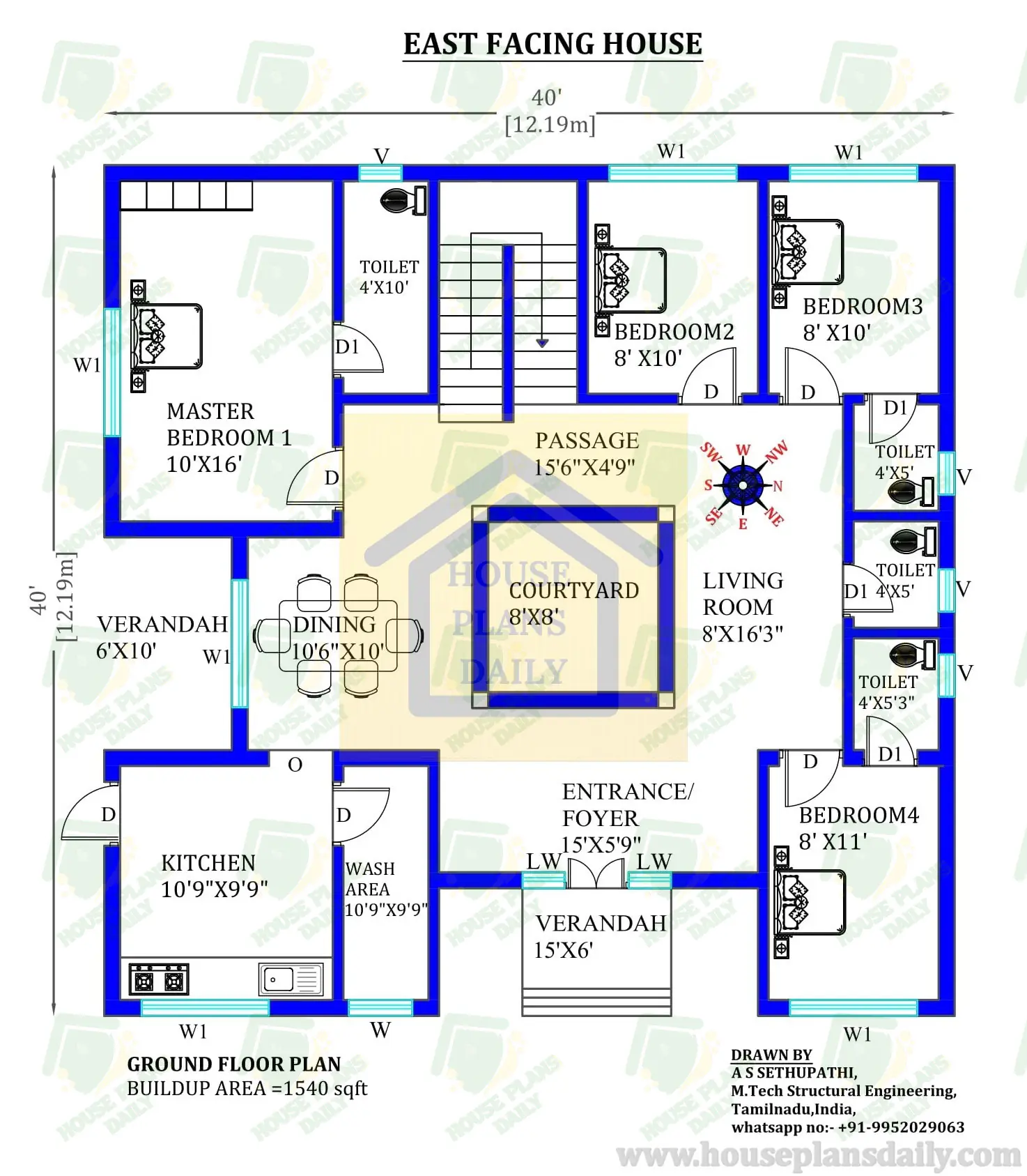 East Facing House Design with Courtyard | 40x40 Ghar Ka Naksha