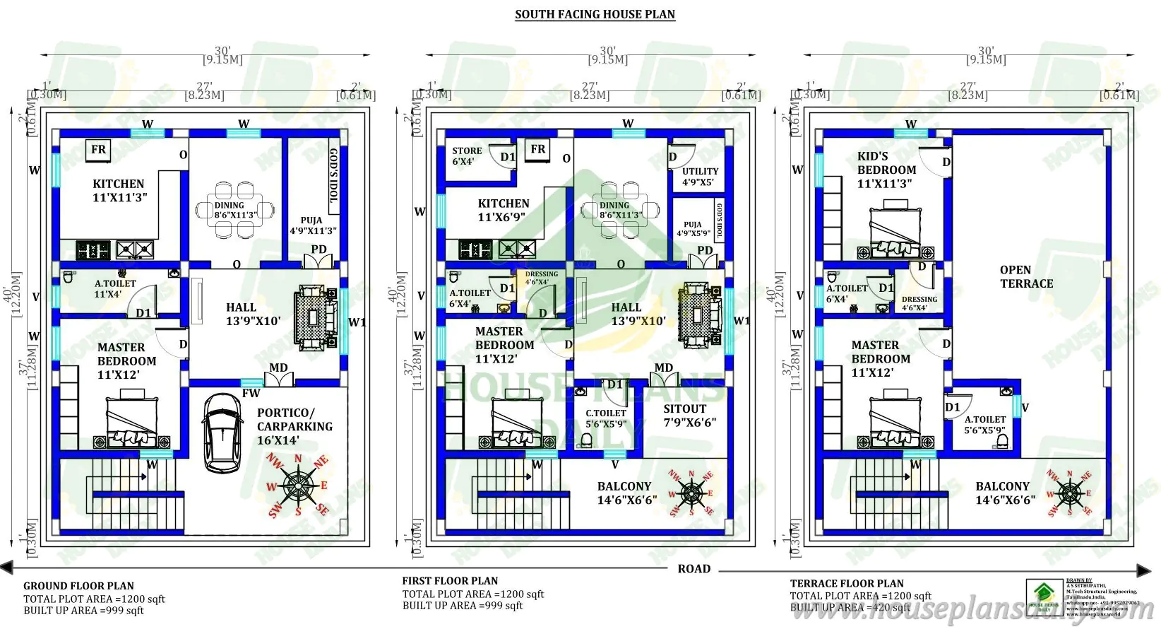 30x40 South Facing House Plan as per Vastu | 1200 Sqft 3BHK Modern Home ...