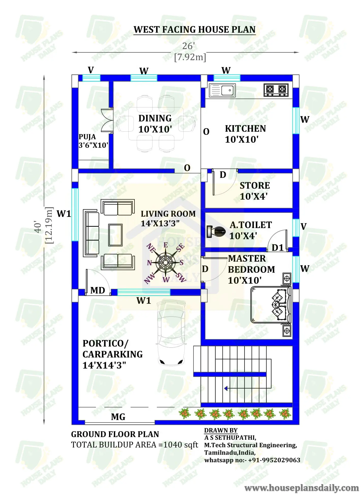 26x40 West Facing Vastu Home Plan