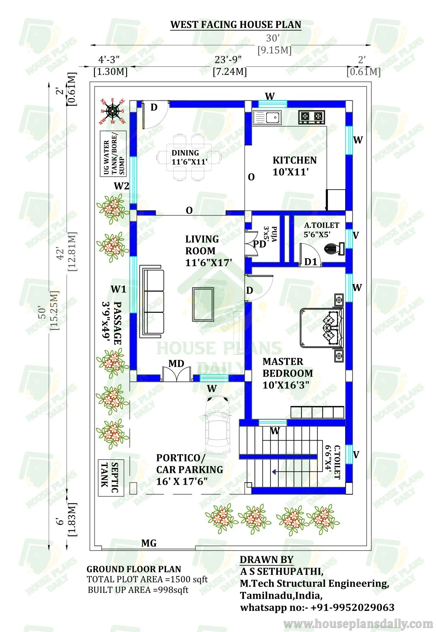30x50 House Plan | Single Story House Plan | One Bedroom House Design Plans