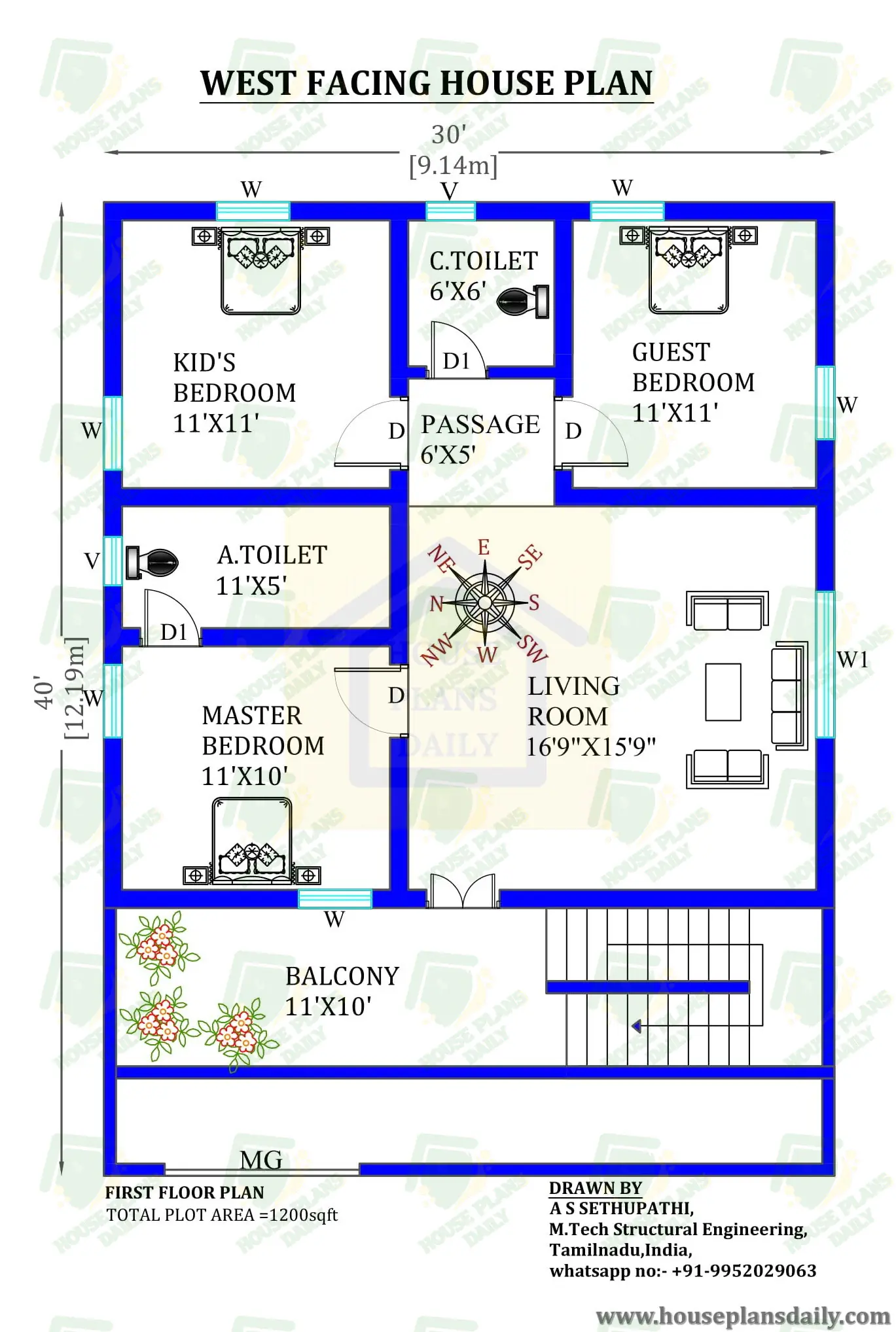 30x40 West Facing Vastu House Designs