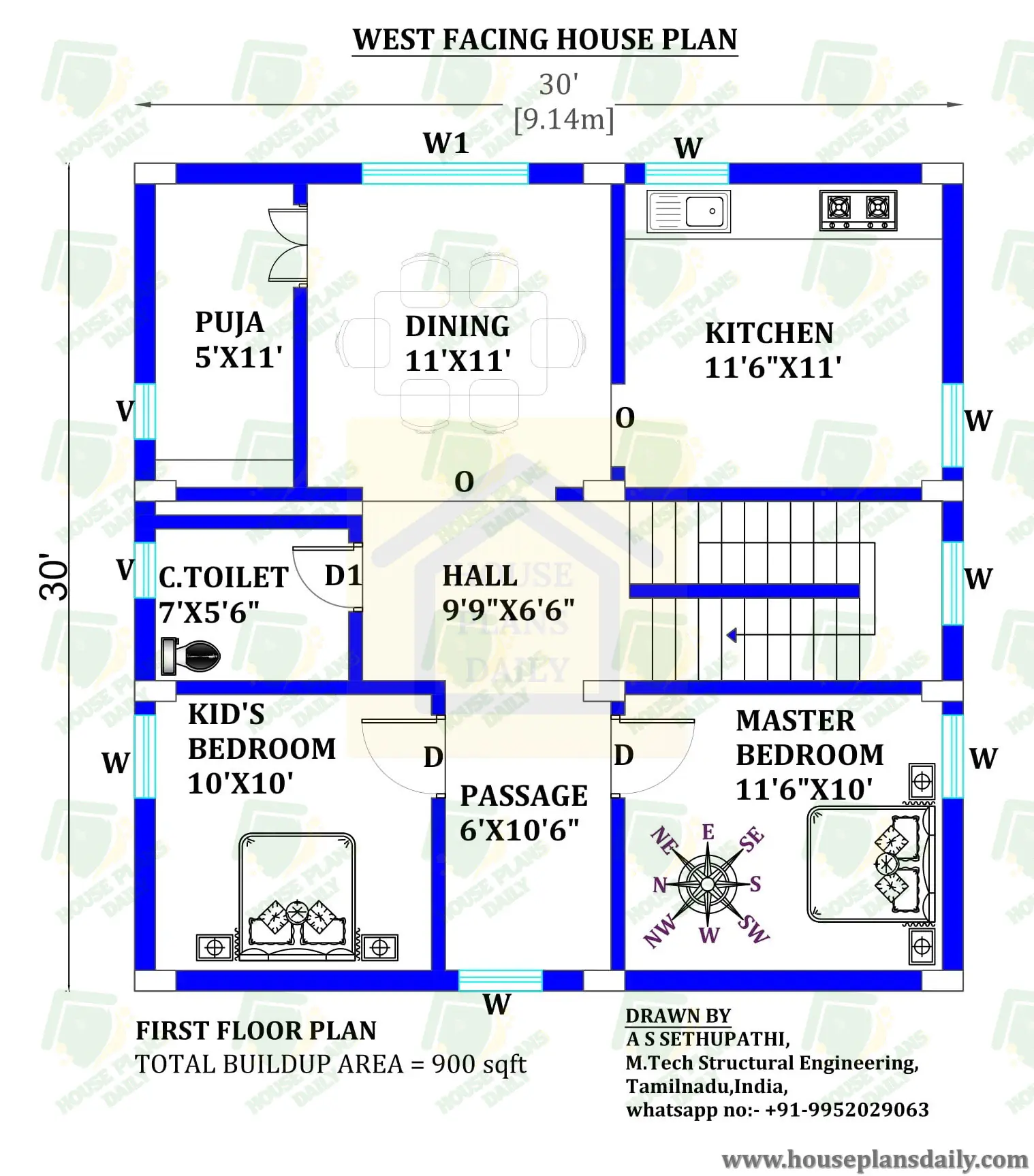 30x30 Beautiful west face home Vastu plan