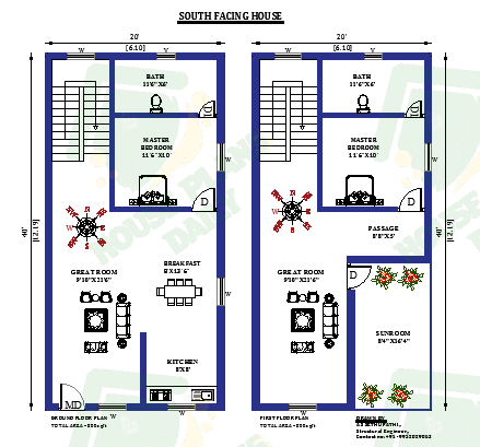 20x40 South Facing House Plan with Vastu