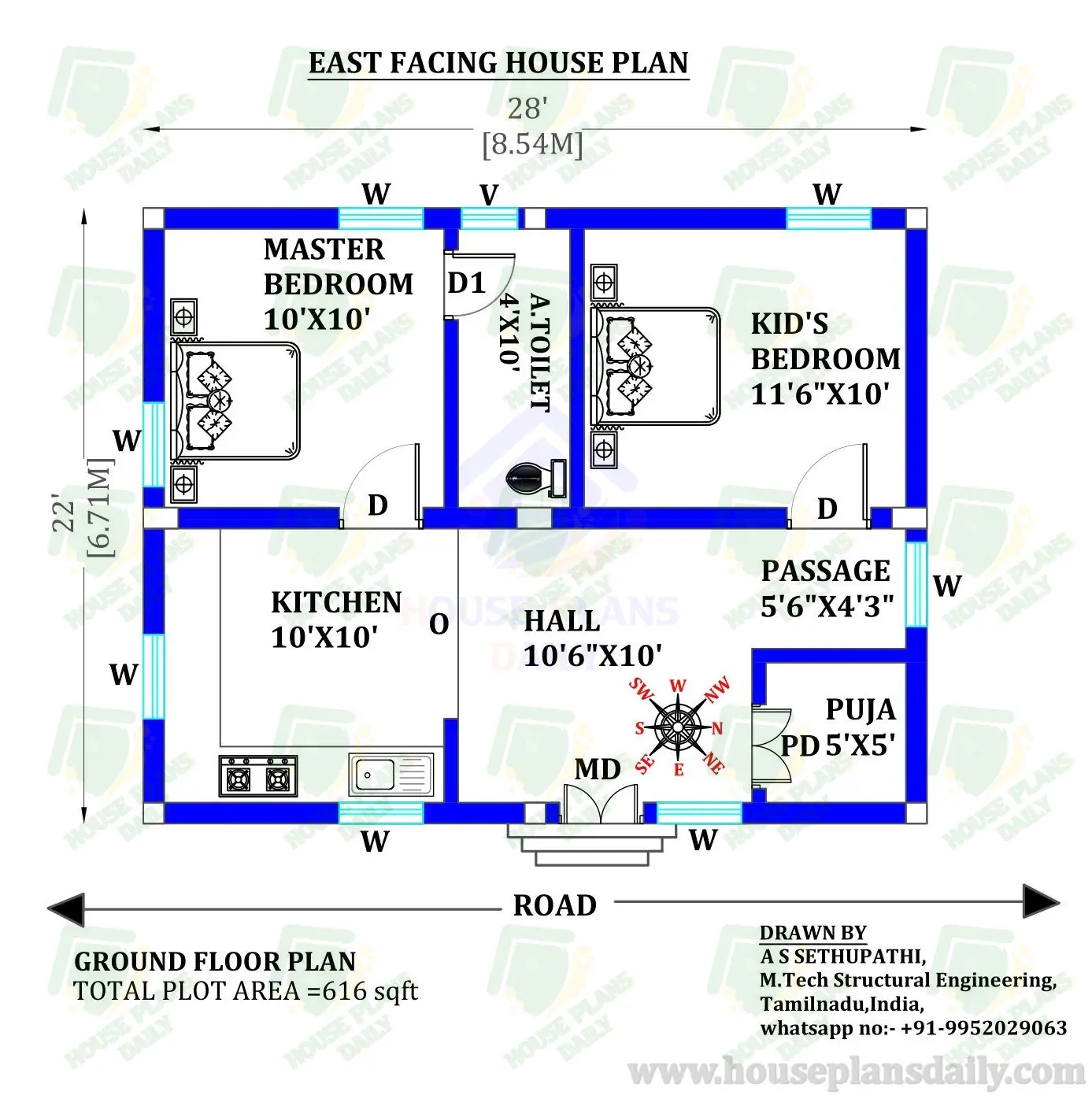 East Facing Vastu House Plan | 600 Sqft Best 2bhk House Design