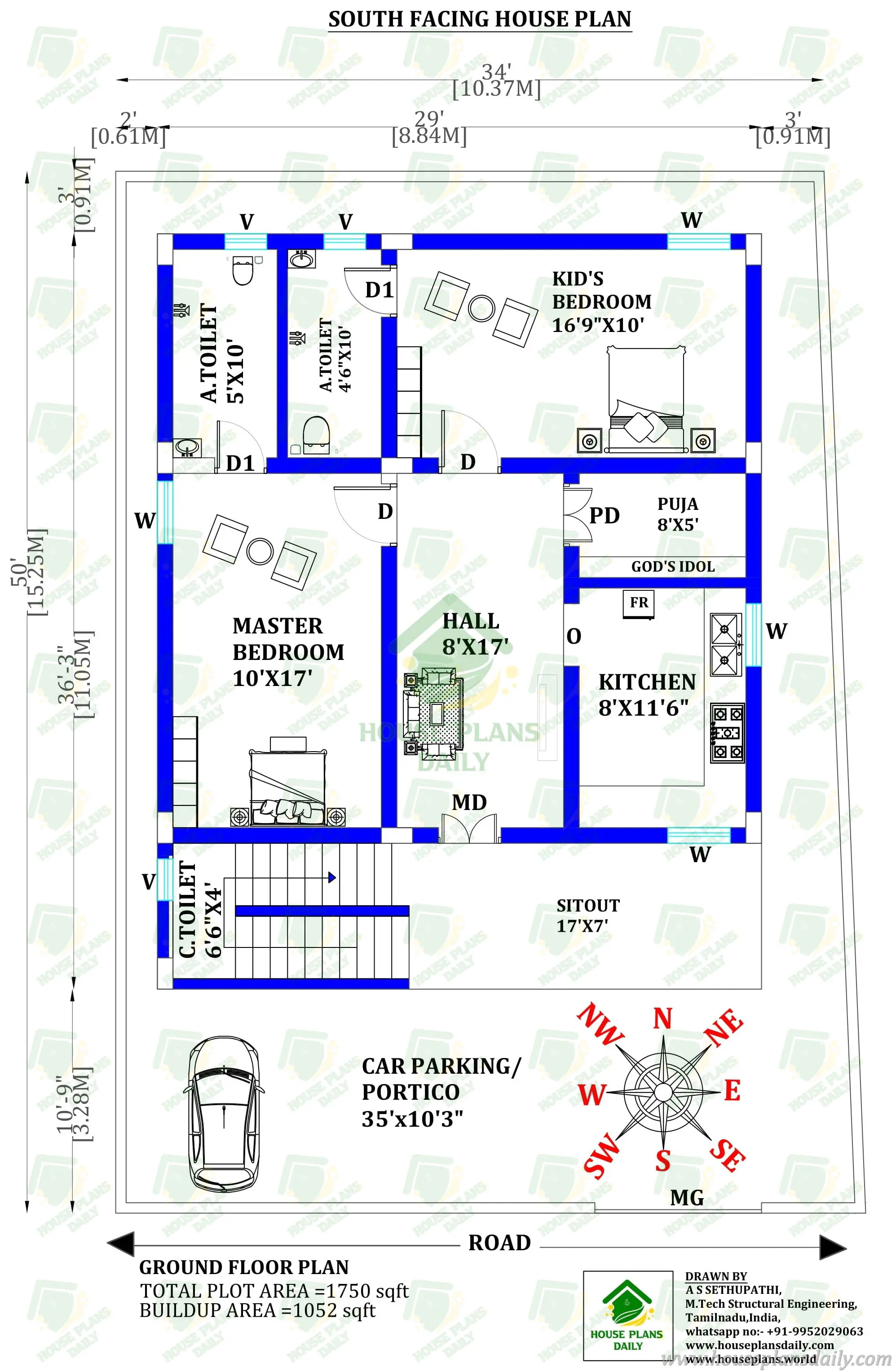 South Facing House Plan As Per Vastu | 1750 Sqft Plot House Plan ...