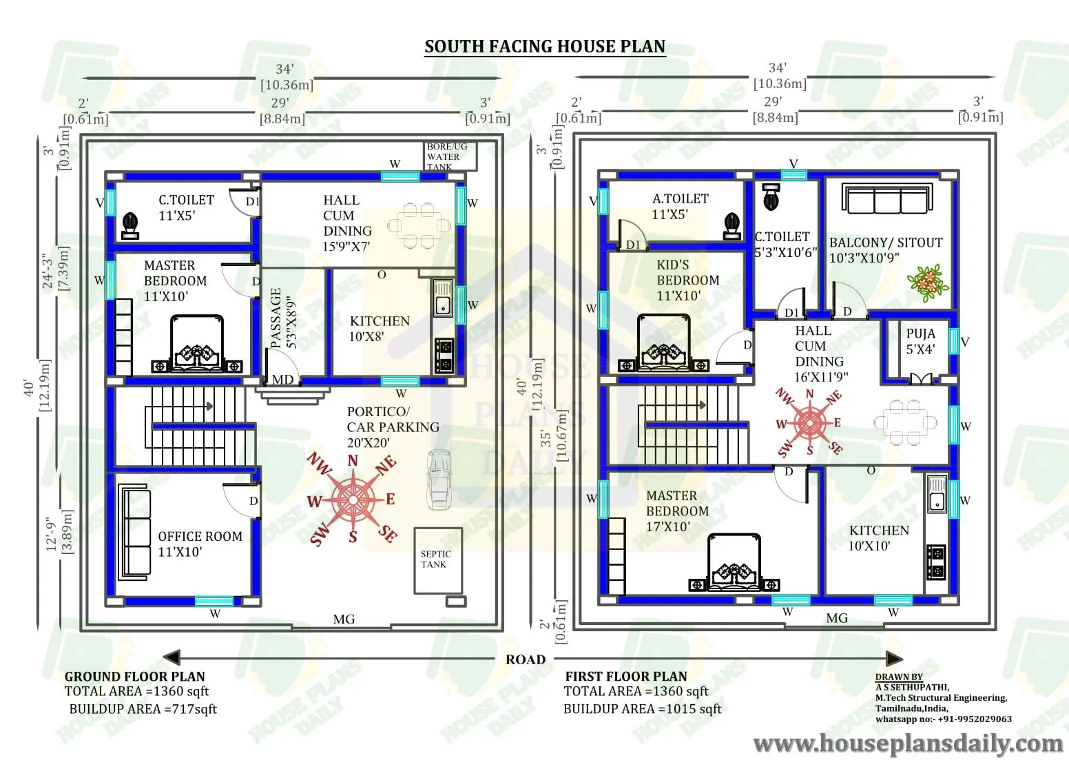 34x40 South Facing House Plan With Vastu