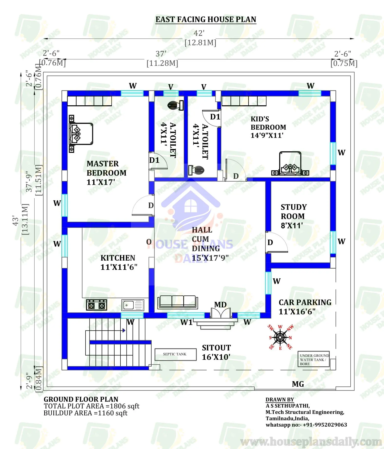 1800 Sqft East Facing House Plan | 2 Bedroom House Plan East Facing