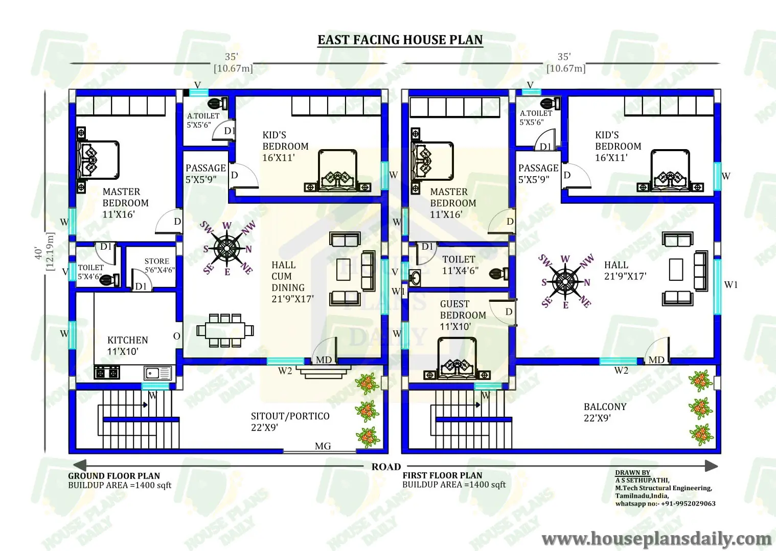 35x40 East Direction House Plan